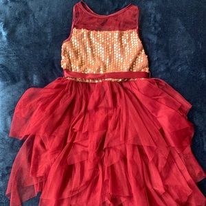 RMLA burgundy dress w/gold sequence overlay.